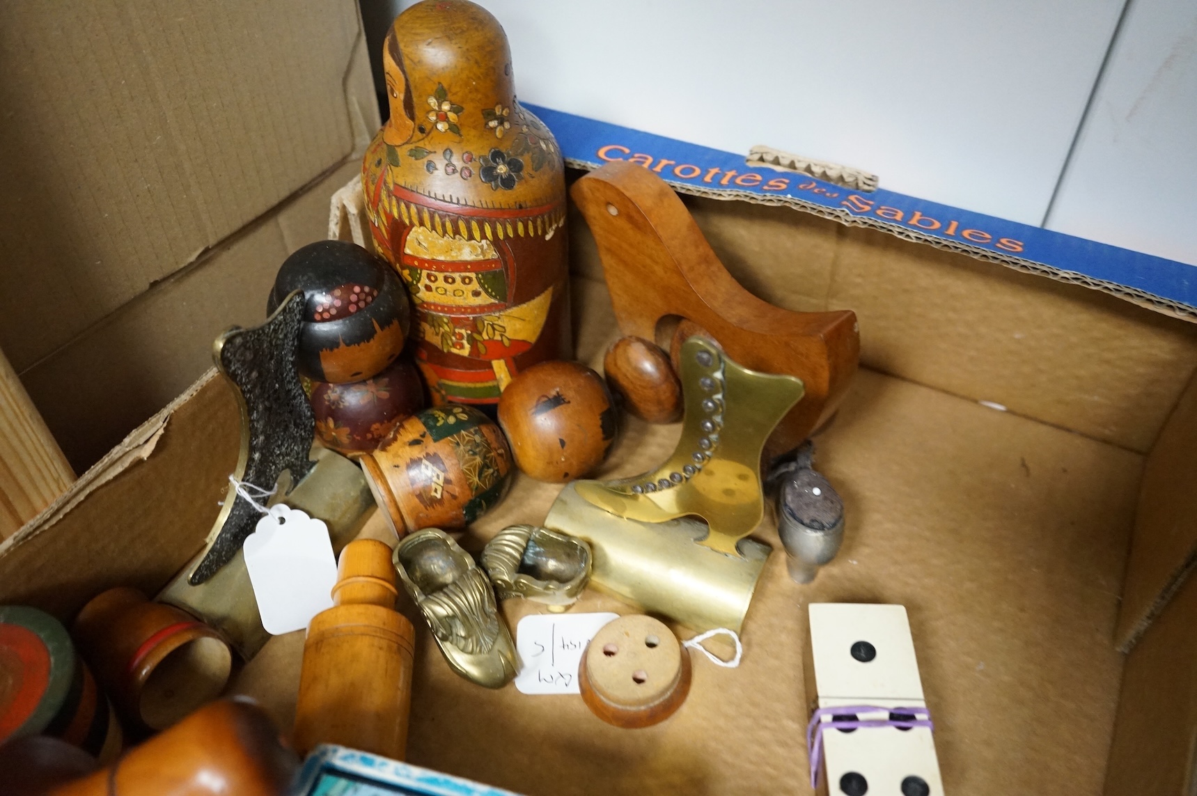 Sundry items to include quantity of treen, brassware and vintage Tin Tin Au Congo, largest 20cm high